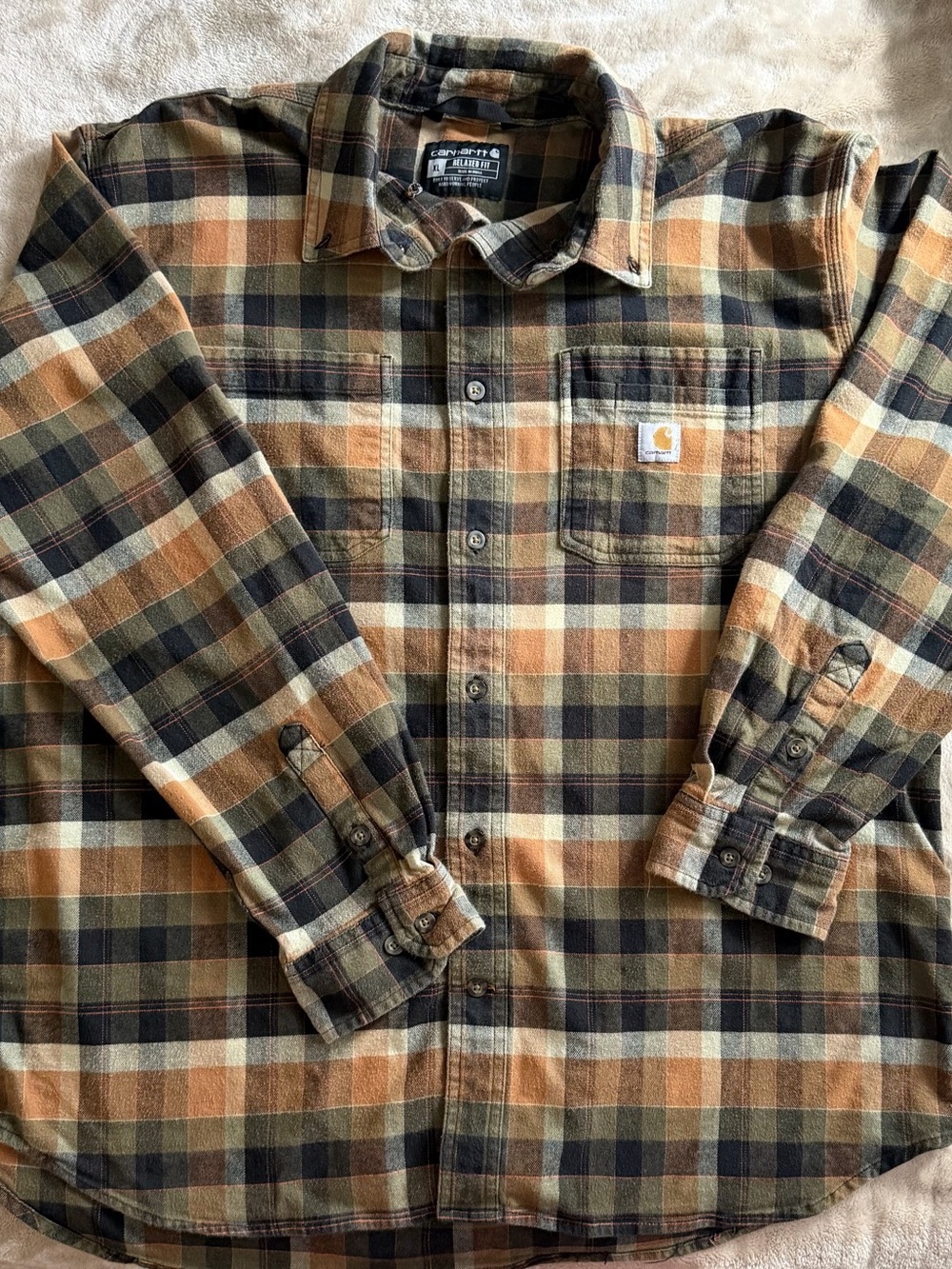 Carhartt Relaxed Fit Plaid Flannel Shirt Brown & Black XL Like New